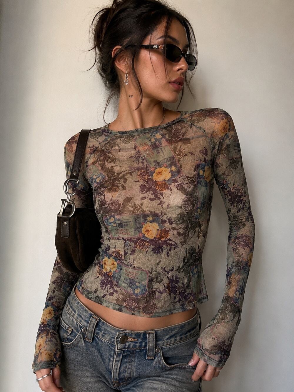 Vintage Y2K Jean Paul Gaultier Floral Banknote Mesh Top Sheer Long Sleeve XS